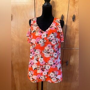 CAbi Red Floral Cold Shoulder Ruffle Sleeve Blouse